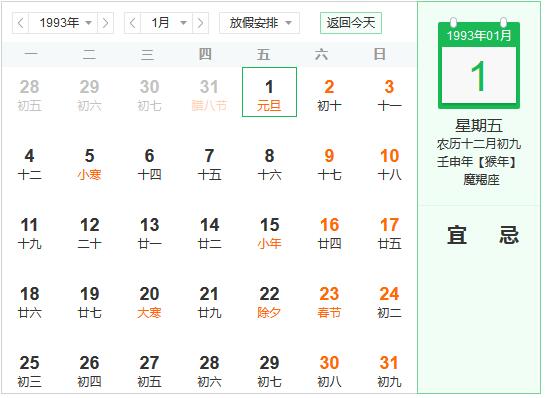 1993年农历阳历表 1993年阴阳历对照表