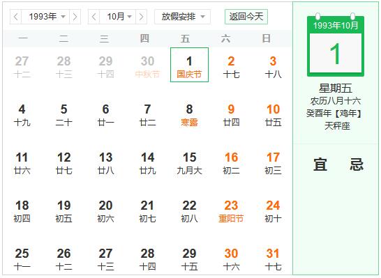 1993年农历阳历表 1993年阴阳历对照表