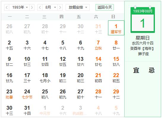 1993年农历阳历表 1993年阴阳历对照表