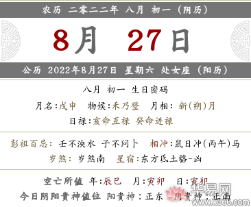 2022年八月初一日的喜神方位查询，今日黄历喜神位置