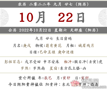 2022年农历九月二十七是黄历吉日吗？今日黄历查询