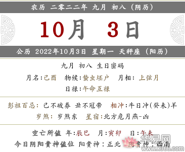 2022年农历九月初八是什么日子星期几？公历几月几号？